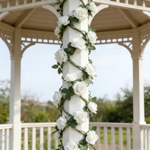 Artificial Flower Garland 90.5 Inch/230CM - Fake Roses Vines Floral Vines, Silk Faux Plastic Hanging Floral Garland for Wedding Arch, Bedroom, Home Wall, Backdrop, Outdoor & Indoor Decor (White) - color: White