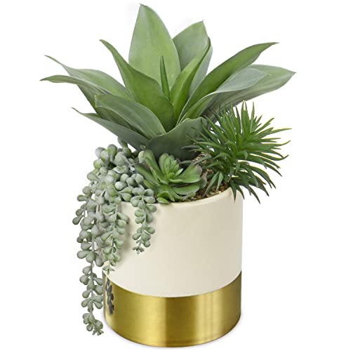 Hollyone Large Artificial Succulents Plants Faux Succulents 12" Fake Succulent Plants in Gold Ceramic Pot Succulent Plant for Desk Modern Home Living Room Office Table Shelf Decor - color: Mercury - Gold 2