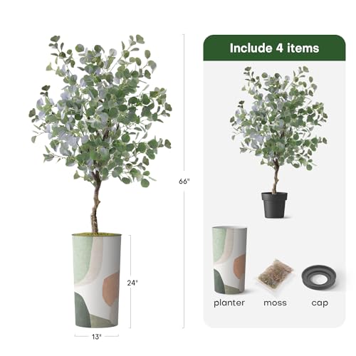 Artificial Tree in Multicolor Textured Geometric Shapes Illustrations Planter, Fake Eucalyptus Silk Tree for Indoor and Outdoor Home Decoration - 66" Overall Tall (Plant Pot Plus Tree) - style: Eucalyptus Tree