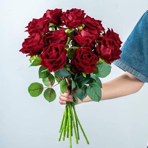 Ttranewsoo Fake Roses Faux Flowers Silk Roses Artificial Roses with Stems Realistic Artificial Flowers Suitable for Indoor Home Decoration DIY Bouquet Wedding Decor Party Decor 16.5In (12PCS, Red) - color: Red 12pcs