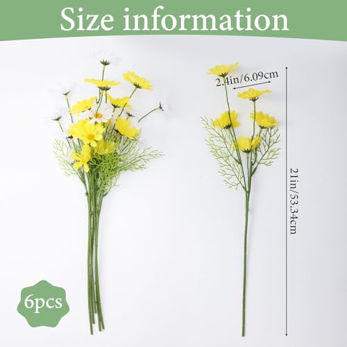Artificial White Daisy Flowers, 6 Bundles 21” UV Resistant Outdoor Yellow and White Silk Daisies Flowers with Stems and Leaves Faux Greenery Shrubs Plants Arrangements for Home Garden Vase Decor
