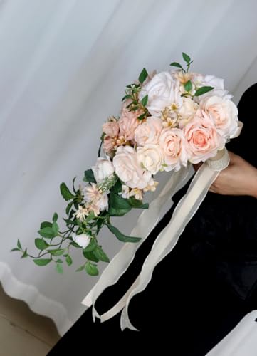 9.8 Inch Cascading Bridal Bouquet Waterfall Cascade Wedding Bouquet Bride with Artificial Rose Flower Rustic Boho Wedding Ceremony Bouquet Light Peach Pink and Champagne - color: Light Peach & Champagne