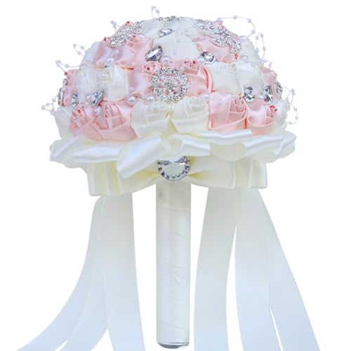 Bridal Wedding Bouquet with Silver Rhinestones Brooch Pearl Bouquet for Bride Bridesmaid Quinceanera Artificial Satin Rose Flower Bouquet Wedding Pale Pink and Ivory 9.5in - color: Pale Pink & Ivory, size: Diameter: 9.5 inches