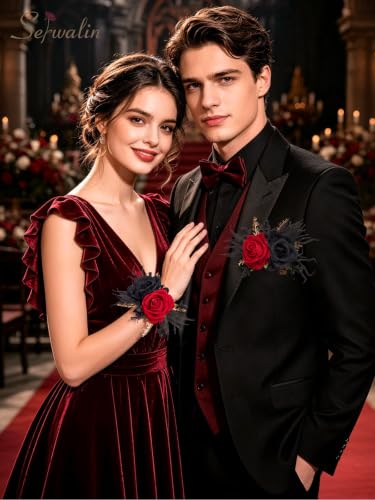 Serwalin Corsage and Boutonniere Set,2Pcs Red and Black Rose Corsage Wristlet and Pocket Boutonniere for Men Prom Wedding Homecoming Anniversary Graduation - color: Red and Black