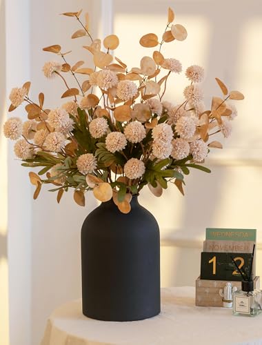 BLOSMON Fake Flowers Centerpieces for Tables: Gifts for Women Metal Vase with 12 Stems of Artificial Mums Kiku Eucalyptuses for Dining Room - Beige Faux Floral Arrangements in vase for Mothers Day - color: Beige