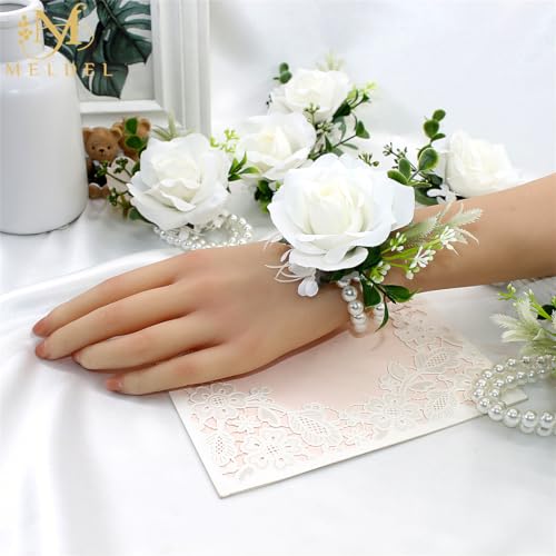 White Rose Wrist Corsage, Pack of 2 PCS Wedding Bridal Wrist Flower Corsage Hand Flower Artificial Silk Rose Decor for Prom Party Wedding - color: 2 Wrist Cosages White