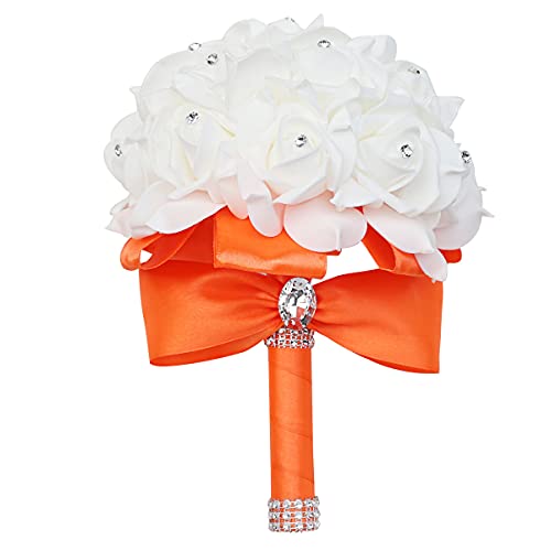 Yoanshop Wedding Bouquets for Brides or Bridesmaids Crystal Silk Roses Bridal Bridesmaid Wedding Hand Bouquet Artificial Fake Flowers (Orange) - color: Orange