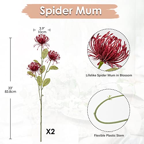 Hollyone 33" Red Artificial Mums Flowers Faux Chrysanthemum Flowers 2Pcs Spider Mum Flower Arrangement Spring Summer Pincushion Flower with 3 Heads Long Stem for Centerpiece Bouquet Home Decor - color: Wine Red