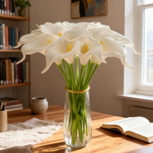 20 Pcs White Artificial Calla Lily Flower Bouquet for Decoration, Outdoor Wedding Bouquets, Lifelike Faux Flowers for Home, Garden, Party, and Event Decor.