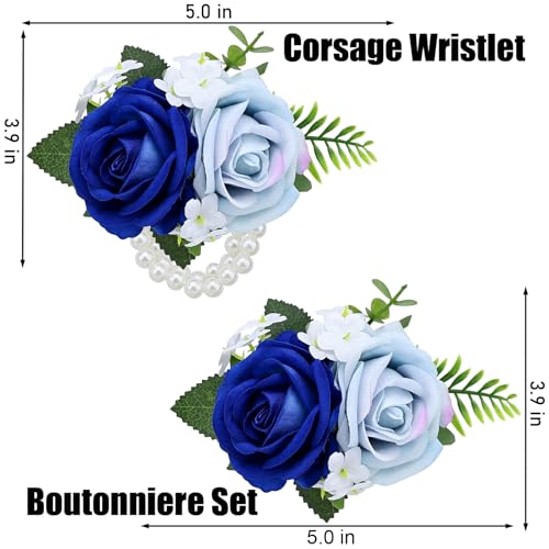 2Pcs Light Blue & Blue Rose Wrist Corsage Wristlet Band and Boutonniere Set, for Wedding Bride Bridesmaids Men Groom Groomsmen Artificial Flowers Accessories Prom Party Suit Decor - color: Light Blue & Blue