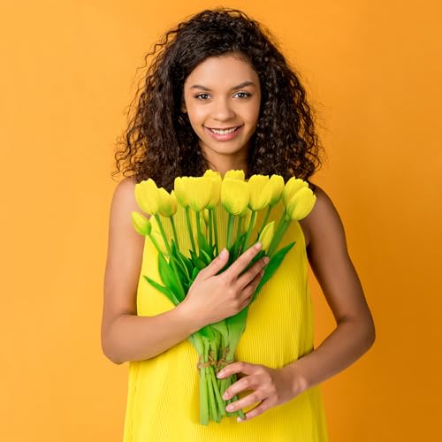 4 Budles (20Pcs) Yellow Tulips Artificial Flowers 13" Latex Fake Flowers for Wedding Home Decor(Yellow) - color: Yellow