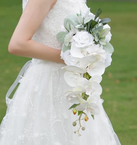 9.1 Inch Cascading Bridal Bouquet Waterfall Cascade Bridal Wedding Bouquet for Bride with Artificial White Rose Phalaenopsis Flower Greenery Rustic - color: White Rose & Moth Orchid