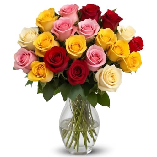 18 Rainbow Roses Assorted Mixed Color with Vase | Arabella Bouquets | Real Fresh Flowers for Delivery, Gift for Birthday, Women, Congratulations, Anniversary, Mother's Day - color: Assorted, size: 18 Stems