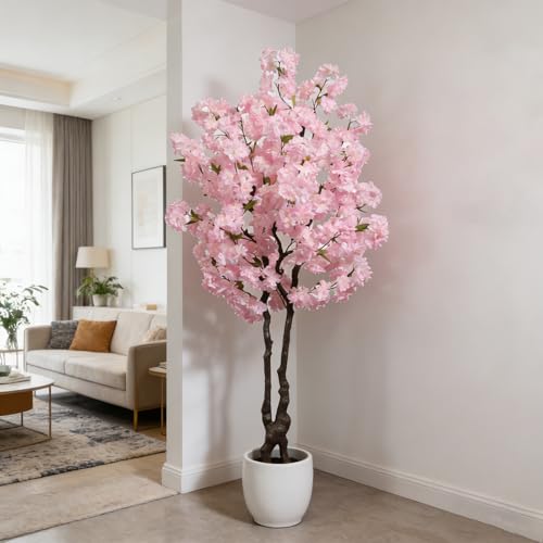BINCUE Artificial Pink Cherry Blossom Tree Fake Tree Cherry Blossom Decor Fake Flowers Faux Flowering Tree Pink Flowers Floral Artificial Plants for Indoors Outdoors Room Home Decor Gift 6FT - color: Pink-05ap