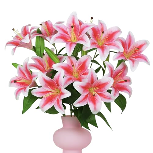 BloomLife Artificial Lily Flowers, 6 Stems with 12 Flowers & 6 Buds Total, Realistic Fake Flowers for Home Decor, White or Pink, 23.6" Tall, Wrinkle-Free & Bendable Stems for Vase Arrangements (Pink)