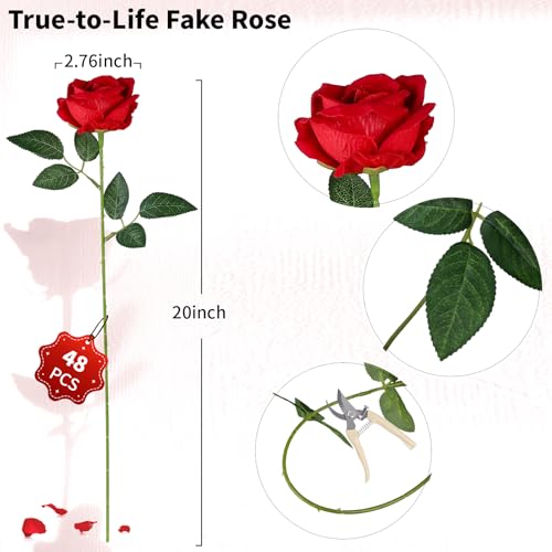 AmyHomie 48PCS Red Roses Artificial Flowers, Realistic Fake Velvet Rose Bulk with Bendable Stems for DIY Wedding Bouquets, Centerpieces, Home, Party, Valentine’s & Mother’s Day Decor - color: Red