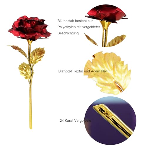 24K Red Rose Flower Creative Artificial Gold Dipped Rose Long Stem Forever Rose with Gift Box and Bag for Mother's Day Valentine's Day Birthday Anniversary Thanksgiving Day