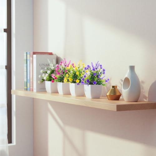 CEWOR Fake Flowers 4 Packs Faux Potted Flower Lavender with Eucalyptus Flowers Small Decorations for Spring Desk Bathroom Office Home Room Table Decor Indoor Outdoor - color: Purple Fuchsias Yellow White