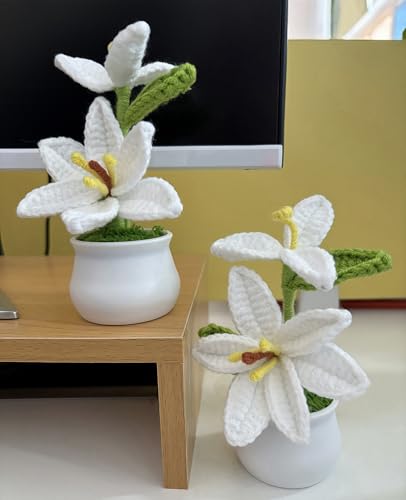 Crochet Lily Flowers, 2pcs Handmade Knitted Plant Artificial Lily Flowers Gift to Family and Friends, Home Wedding Office Desk Cafe Decoration (Yellow) - color: Lily-yellow
