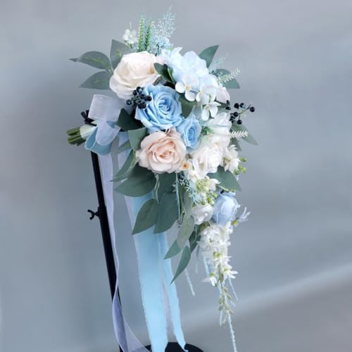 9.8 Inch Cascade Bridal Bouquet for Bride with Artificial Rose Flower Greenery Rustic Cascading Bridal Bride Wedding Bouquet Flower Wedding Champagne and Light Blue - color: Light Blue & Champagne