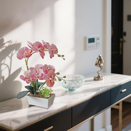 Pink Orchids Artificial Flowers Faux Orchid Plant Indoor Phalaenopsis Look Real With Pot Table Centerpieces Arrangement Lifelike Elegant Home Decor Dining Room Table Shelves Kitchen Decorative Flowers - color: Pink