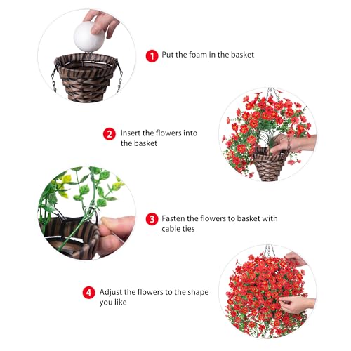 HyeFlora Artificial Hanging Flowers Basket for Outdoor, Fake Flowers Faux Plants Look Real for Yard Gardens Porch Patio Home (Red) - color: Red