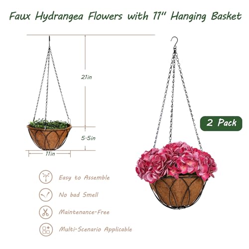Bellacat Real Touch Faux Hydrangea Flowers with 11" Hanging Basket, Fake Hanging Hydrangea Flowers with Realistic Flowers, Artificial Hanging Flowers for Outdoors Porch Patio Balcony (Rose Red, 2Pack) - color: Rose Red