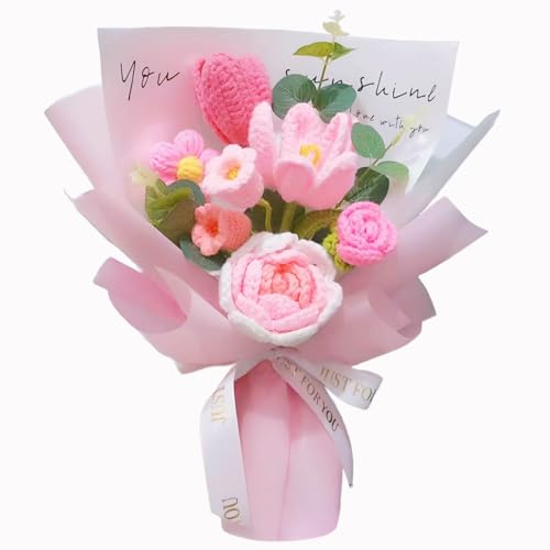 Crochet Flowers Bouquet, Handmade Crochet Rose Bouquet Pink,Knitted Flowers,Crochet Flowers Rose Tulip Lily of The Valley for Home Decor,Birthday,Valentine's Day, for Mom - color: Pink - Rose Tulips&lily of the Valleys