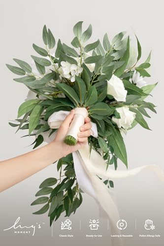 Ling's moment White Bridal Bouquet Cascading, Ivory Wedding Bouquets for Bride, 15 Inch Bride Bouquets for Wedding Artificial Flowers Bouquets - color: Wht-white & Ivory, size: Medium 15 Inch