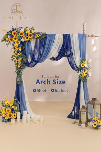 TINGE TIME Wedding Arch Flowers Kit - Deluxe 5pcs Artificial Floral Swag with 3 Sheer Drapes, Realistic Silk Flower Arrangements for Wedding Ceremony Arbor Backdrop Reception Party Home Decor - color: Sunflower & Royal Blue