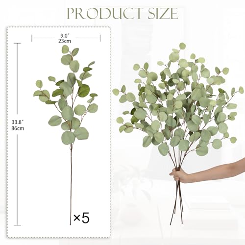 Green Eucalyptus Stems 34" Long Silver Dollar Leaves - 5 Pcs Silk Stems for DIY Bouquet Arrangements, Centerpieces, Shower Decorations - Artificial Spray - color: Green