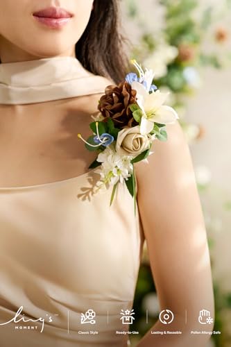 Ling's moment 2pcs Prom Wrist/Shoulder Corsage Artificial Flower, Girl/Mother Homecoming/Wedding Corsage Wristlet Décor, etc. Tawny Beige Berry Pink - color: Brn-tawny Beige & Berry Pink