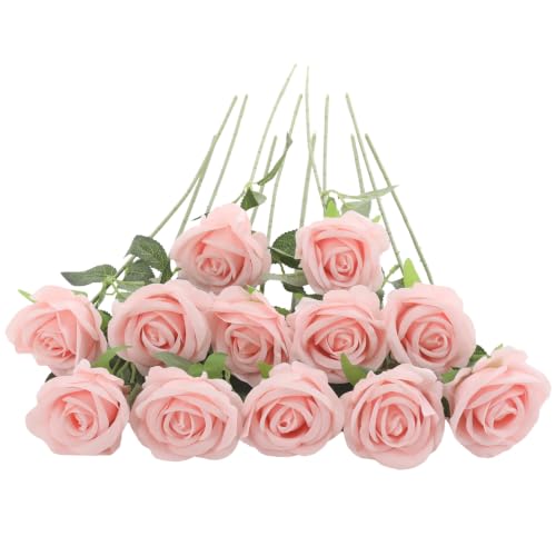12Pcs Pink Roses Artificial Flowers Fake Rose Faux Velvet Silk Flowers for Home Wedding Decoration (Pearl Roses - Light Pink) - color: Pearl Roses - Pink Light 12p