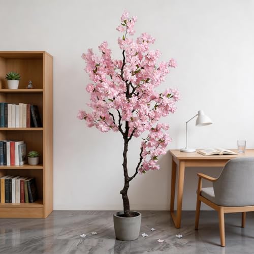 Artificial Pink Cherry Blossom Tree 7 FT Faux Flowering Trees Fake Cherry Blossom Decorative Tree Indoor for Christmas New Year Home Decor - color: Pink-ap31