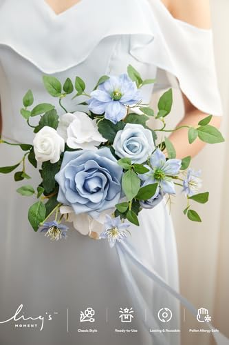Ling's moment Blue Artificial Wedding Flower Bouquets for Bridesmaids White Floral Bouquet Dusty Blue Bridal Bouquets for Bridesmaids with Ribbon Ceremony Anniversary,7-inch Diameter - color: Blu-posy-dusty Blue & Navy