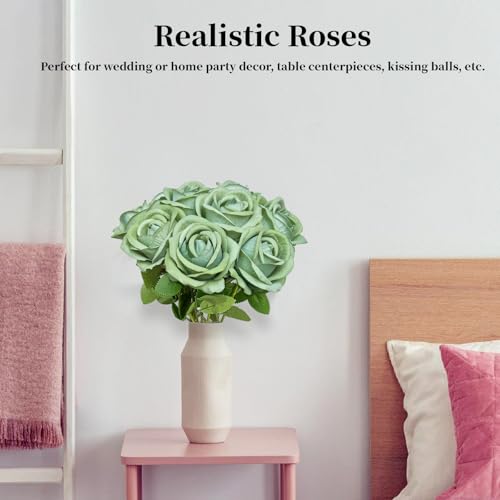 10 PCS Artificial Roses with Long Stems Silk Flowers Realistic Foam Flowers Fake Roses for Valentine's Day Autumn Fall Decor Halloween (Grass Green) - color: Grass Green