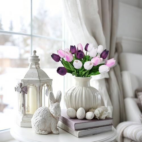 Beferr 18pcs Tulips Artificial Flowers Faux Tulip Real Touch Tulip Fake Flowers Bouquets Arrangements for Mothers Day Spring Easter Wedding Home Table Decor Blue - color: F-18pcs-3colors-mix Purple, size: 18PCS