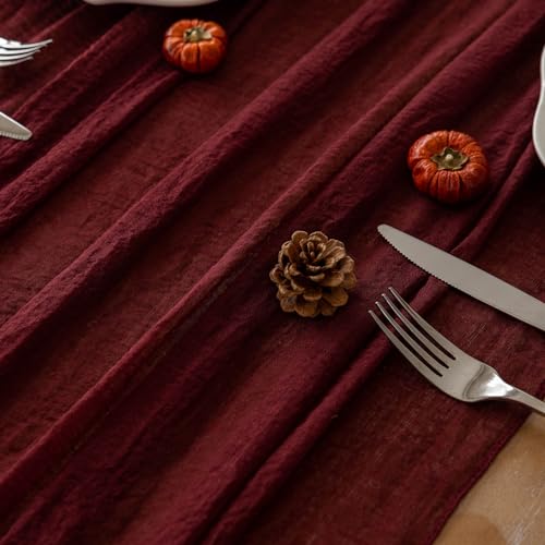 Keketoarrange Burgundy Red Cheesecloth Table Runner Gauze 120 Inch 10 FT Rustic Boho Cheese Cloth Runner for Wedding Baby Bridal Shower Party Long Sheer Centerpiece Summer Home Decorations - color: Burgundy, size: 35"x120"(Pack of 1)