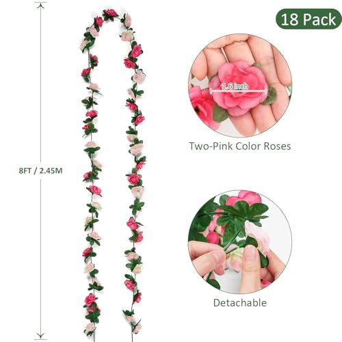 KHOYIME 18 Pack 144 FT Artificial Flower Garland, Fake Pink Roses Vines Silk Flowers Faux Plastic Outdoor Hanging Floral Ivy Garland Decoration for Wedding Arch Bedroom Home Wall Backdrop Room Decor - color: Pink, size: 18pcs