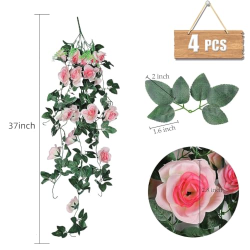 RECUTMS 4PCS Artificial Hanging Rose Flower Plants, 37Inch Light Pink Fake Silk Floral Ivy Garlands for Outdoors Home Room Garden Wedding Arch Bridal Shower Valentine's Mother's Day Indoor Party Decor - color: Light Pink, size: 4pcs