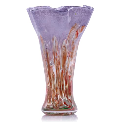 9.0" H Red Glass Vases for Flowers, Hand Blow Glass Vase Red Home Decor, Wide Mouth Blue Flower Vase Centerpieces, for Bookshelf,Dinner Table,Indoor Office Desktop,Meeting Room,Bathroom,Countertop - color: Pink Purple