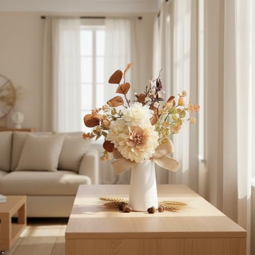 Small Artificial Flowers in Ceramic Vase 15 inch Faux Flower Centerpieces Coffee Table Decor, Silk Flower Arrangements Indoor Fake Bouquet for Dining Room Kitchen Wedding Home Decor, Brown - color: Brown + Small
