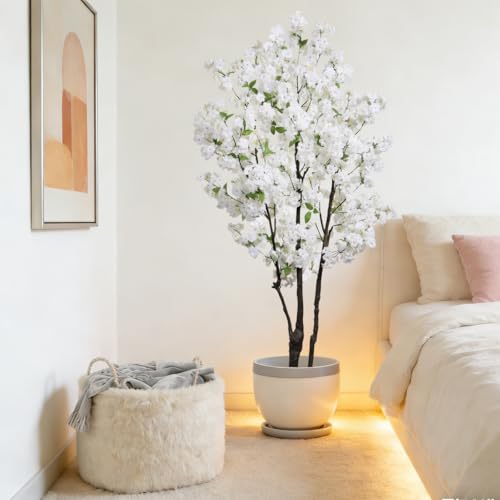 BINCUE Artificial White Cherry Blossom Tree Fake Tree Cherry Blossom Decor Fake Flowers Faux Flowering Tree White Flowers Floral Artificial Plants for Indoors Outdoors Room Home Decor Gift 6FT - color: White-07ap
