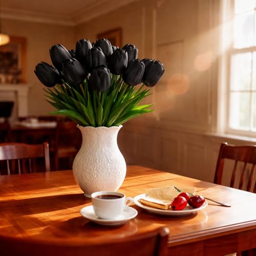 20 Pcs Tulips Artificial Flowers, 13.5'' Real Touch PU Fake Flowers Bouquet for Home Party, Spring Wedding Floral Arrangement, Valentine's, Easter and Mother's Day Decor (Black) - color: Black