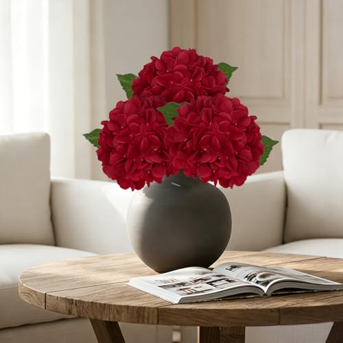 Hollyone 3Pcs Red Hydrangea Artificial Flowers Real Touch Faux Silk Hydrangeas Flowers with Stem Fake Florals Flower for Home Wedding Table Centerpiece Vase Arrangements Decoration - color: Red