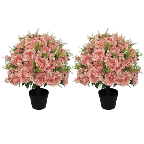24” Artificial Flowers for Outdoors, Set of 2 Realistic Faux Pink Peonies in Cement Pots, UV Resistant Fake Plants Look Real for Front Porch, Entryway & Indoor Spring Decor - color: Peony Coral Pink