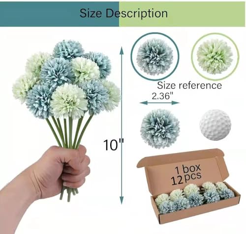 12pcs Blue Green Artificial Flowers Fake Flowers Silk Artificial Chrysanthemum Ball Hydrangea Bridal Wedding Bouquet for Home Garden Party Decor (Blue Green - color: Blue Green，12pcs