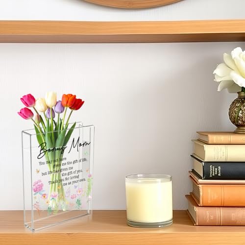 Bonus Moms Book Flower Vase Mothers Day Birthday Thank You Gifts for Stepmom Bonus Stepped Up Mom Mother from Daughter Son Cute Acrylic Book Shaped Vase Decor for Home Office Table Shelf Vase 3807 - style: Mediterranean