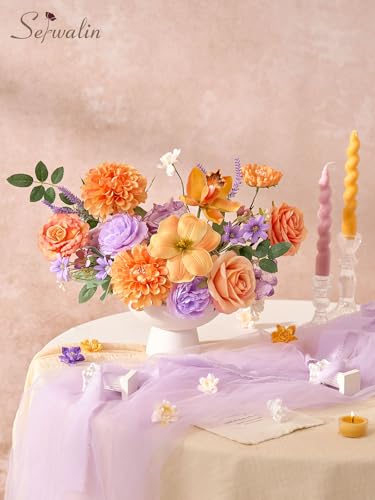 Serwalin Artificial Orange & Purple Flowers, Silk Fake Flowers Stems for Wedding Bouquets DIY, Baby Shower Centerpieces, Cake Decor, Birthday Party & Home Decor - color: Orange & Purple, size: Grand