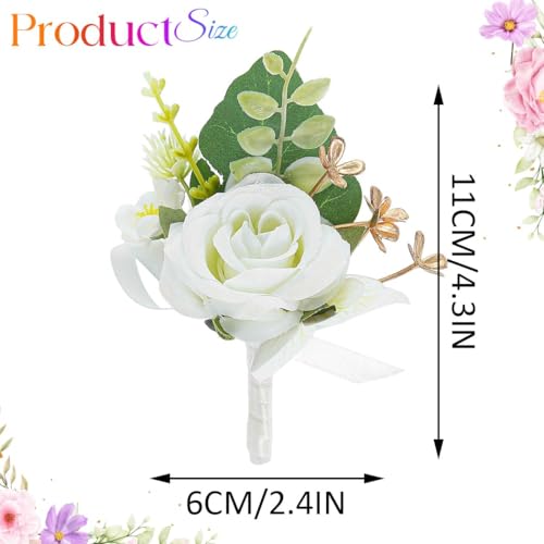 Rose Boutonniere for Men White Groom Flower Boutonniere Pin for Wedding (White) - color: White